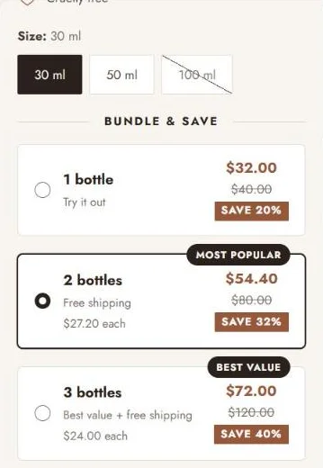 Quantity breaks on a phone, with price per bottle and savings badges